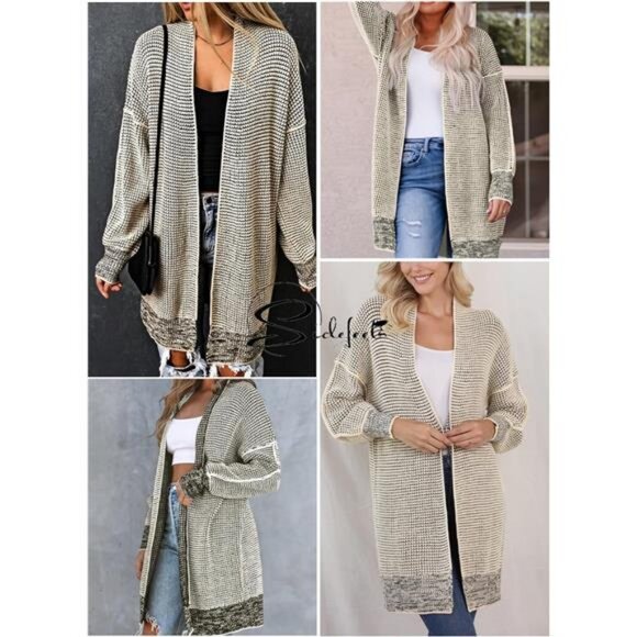 Womens Plaid Long Sleeve Open Front Cardigan Oversized Chunky Knit Sweaters Coat - Picture 5 of 5